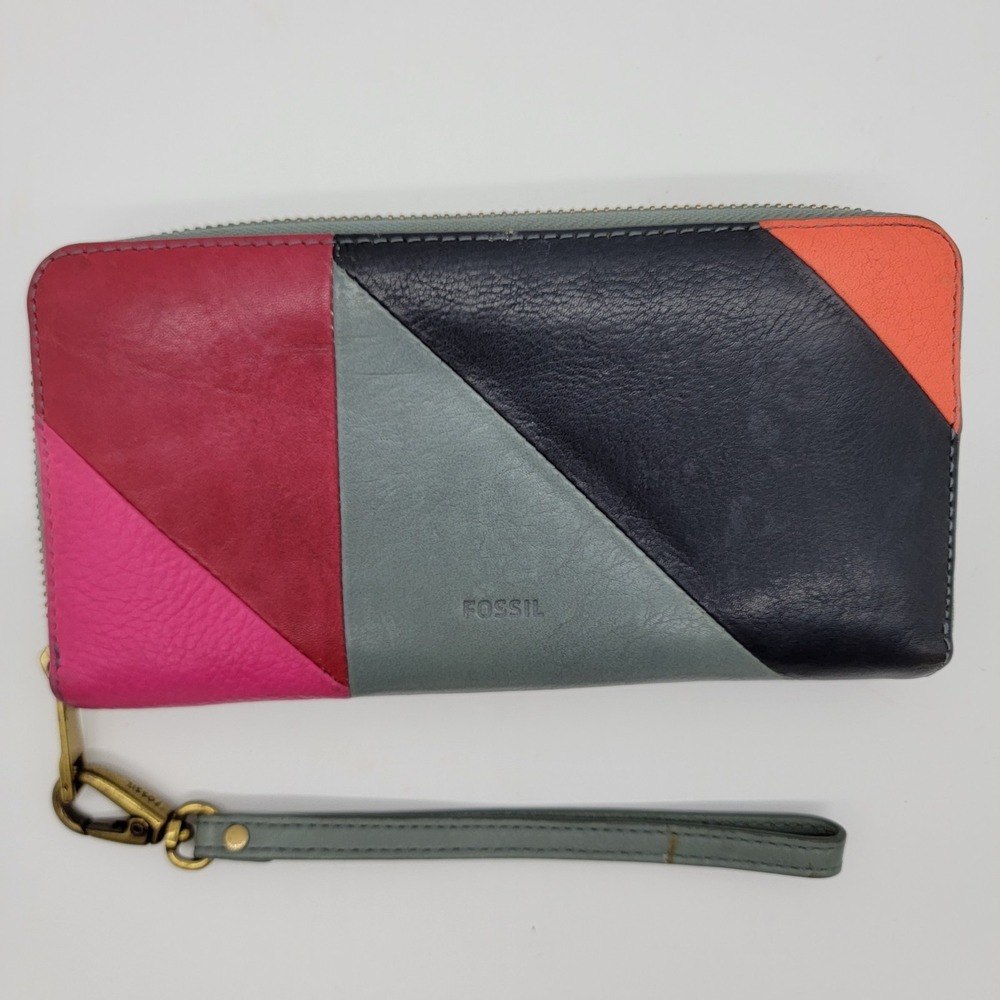 Fossil Women's Keely Wristlet Wallet Multicolor Leather Zipper Wrap Around